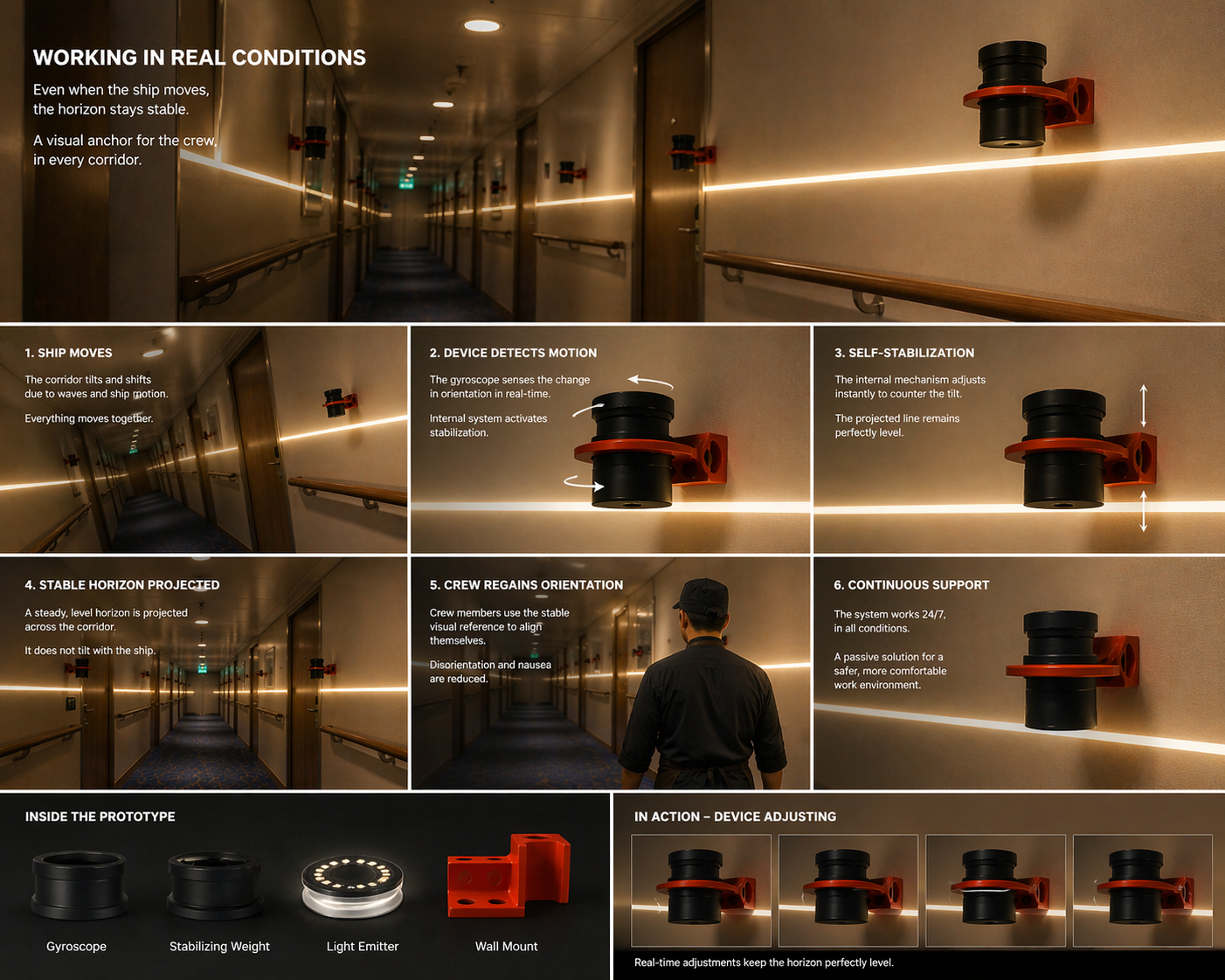 Working in Real Conditions — 6-step diagram showing ship motion detection, gimbal stabilisation, and horizon projection, plus component breakdown of gyroscope, stabilising weight, light emitter, and wall mount